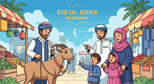 Joyful Family Celebration with a Goat at a Vibrant Outdoor Market, Illustrating a Festive Tradition