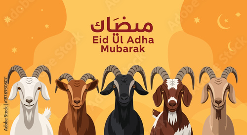 Festive Eid Al Adha Mubarak Greeting Card Design with Five Goats and Traditional Islamic Motifs on a Warm Orange Background