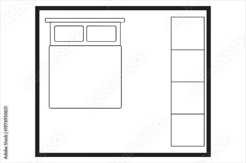 Minimalist bedroom layout with a bed and wardrobe viewed from directly above high quality professional detailed
