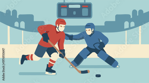 Two ice hockey players on rink with puck during a game, flat design illustration