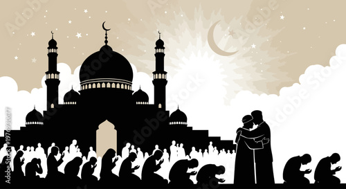 A serene night scene of a Muslim congregation praying at a grand mosque, symbolizing unity and devotion under a crescent moon