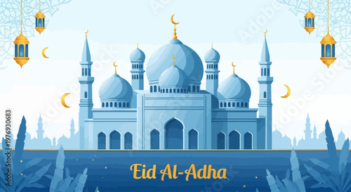 Eid al-Adha Celebration with Mosque and Islamic Lanterns Illustration