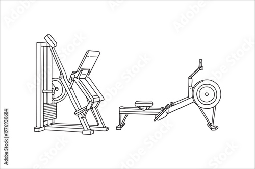 Line drawing depicting gym equipment including a leg press and rowing machine in a minimalist style
