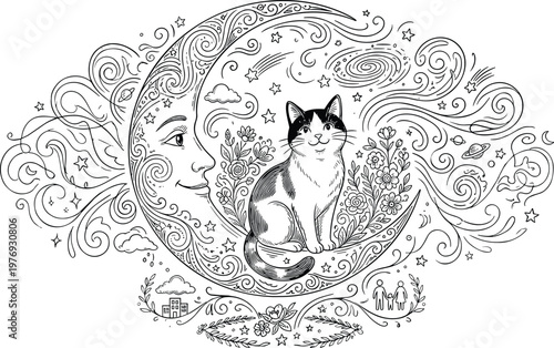 Whimsical line art illustration of a cat sitting on a crescent moon with face surrounded by stars and galaxy swirls.