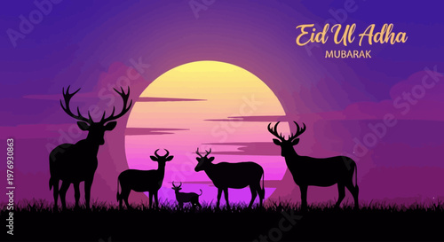 Illustrative depiction of Eid al-Adha with deer family silhouettes against a serene sunset sky, symbolizing peace and sacrifice