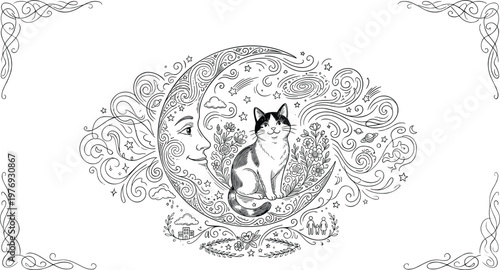 Whimsical line art illustration of a cat sitting on a crescent moon with face surrounded by stars and galaxy swirls.