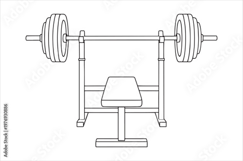 A black and white line drawing of a weightlifting barbell and bench press setup high quality