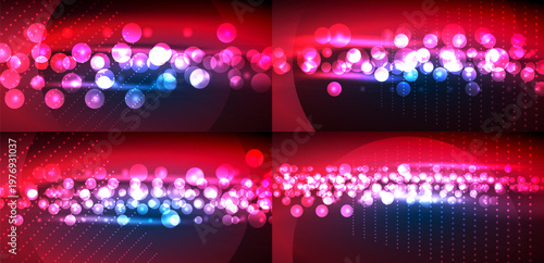 Bright abstract backgrounds. Red, pink, blue lights create dynamic patterns. Festive, modern design elements present.