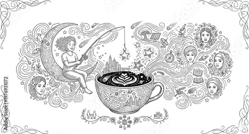 Whimsical line art of young woman sitting on crescent moon fishing for stars from coffee cup with diverse cultural and global icons.