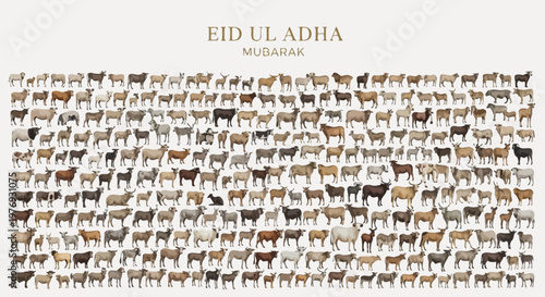 Eid al-Adha Mubarak greeting card featuring a vast collection of sheep and goats