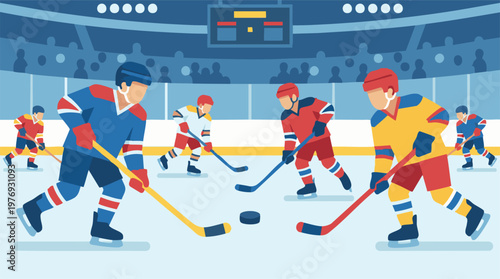 Ice hockey game illustration with players on rink and scoreboard in stadium