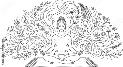 Woman practicing meditation in lotus pose surrounded by blooming flowers and leaves for mental health wellness and inner peace line art vector.