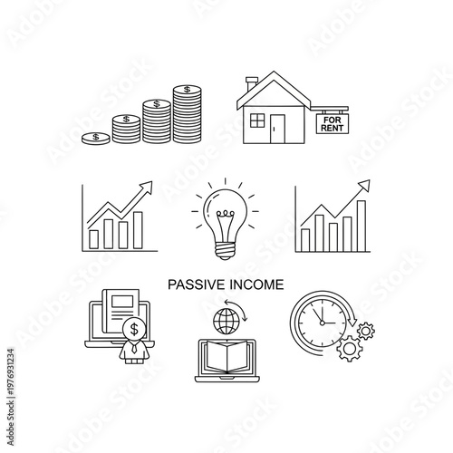 flat design passive income ideas illustration with home and finance icons
