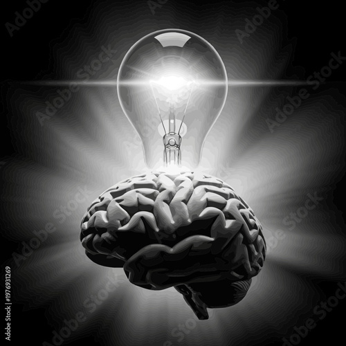 Illuminated brain with glowing lightbulb idea concept in dark monochrome