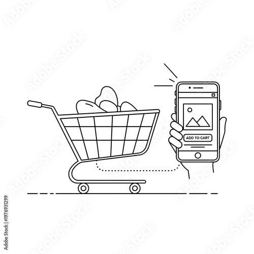 flat design shopping cart and basket with delivery box on conveyor line