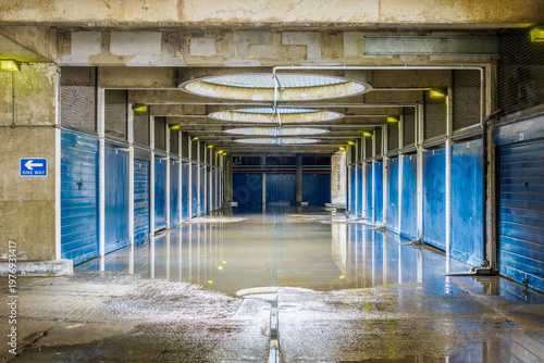 Flooded storage and pedestrian underpass in Golden Lane Estate in London, England