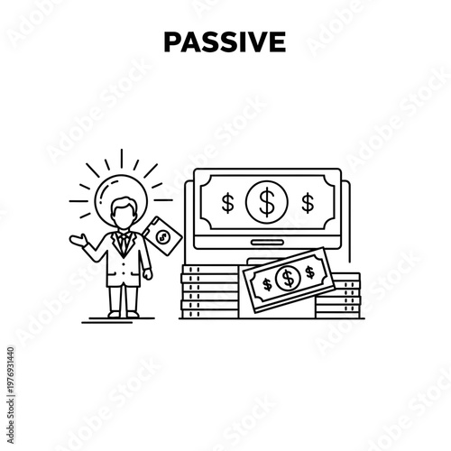 Cartoon character earning passive income with laptop and dollar signs illustration