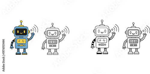 Waving Cartoon Robot Character Set with Line Art Outlines, Friendly Droid Illustrations for Kids Coloring Book and Educational Activity, AI Technology Vector Design Asset