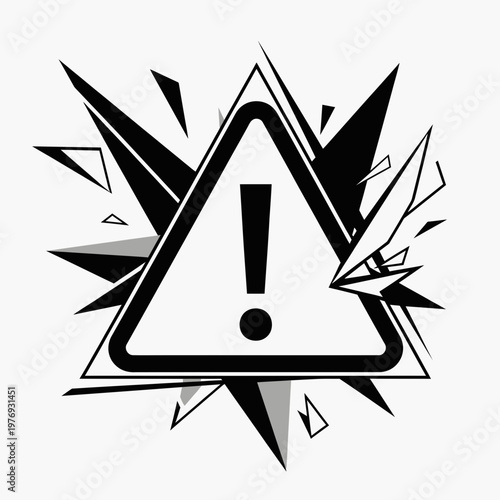 3d warning sign with shattered glass effect and broken fragments isolated on transparent background