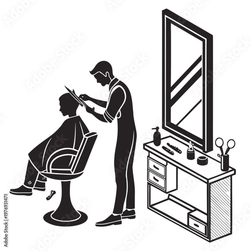Barber giving a haircut to a client.

