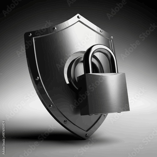 3d metallic padlock on digital shield symbolizing cybersecurity and data protection