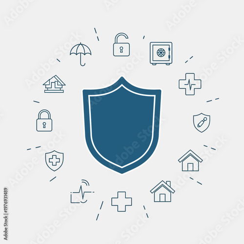 3D blue shield icon with house and family symbols for insurance protection concept
