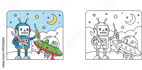 Cute Robot Mechanic Fixing UFO Spaceship Illustration with Coloring Page, Friendly Droid Repairing Alien Craft under Night Starry Sky, Children Activity Book Vector Design Set for Education