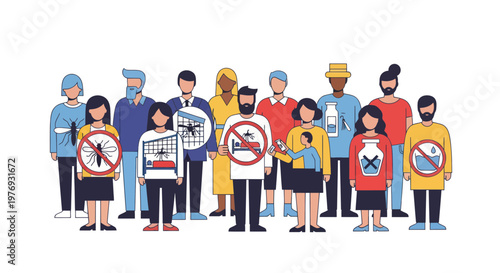 Diverse people protesting, holding signs with symbols, social issues, activism, flat vector illustration