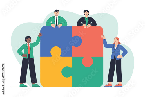 A diverse group of business professionals working together on a puzzle