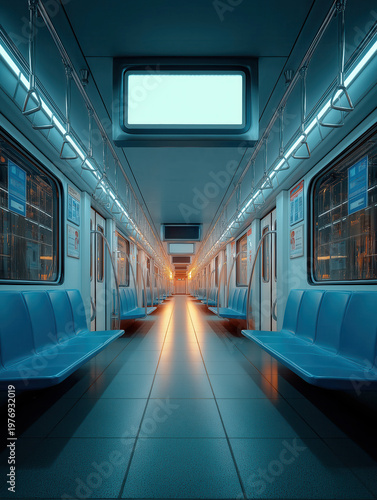Blank subway billboard mockup in modern train interior, cinematic minimal urban advertising space