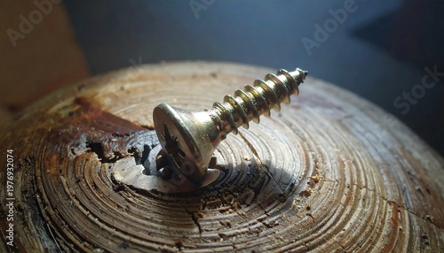 A screw embedded in a wooden log's end, showcasing growth rings