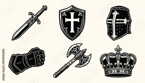 Medieval Knight Weapon and Armor Collection with Sword Shield Helmet Gauntlet Axe and Crown