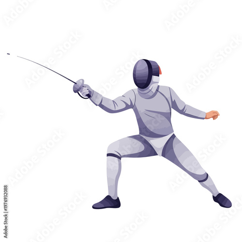 Fencer in action, lunging forward with foil sword, protective gear, white background