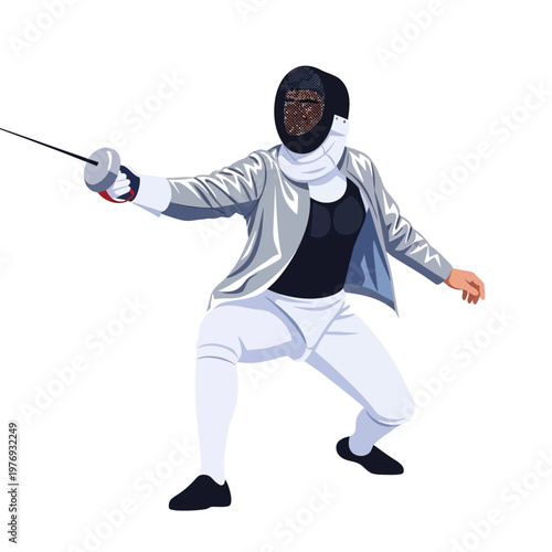 Fencer in action, performing a lunge with foil sword, competitive sport, white uniform
