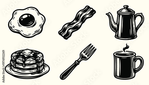 Retro Breakfast Food Icon Set with Pancakes Eggs Bacon and Coffee