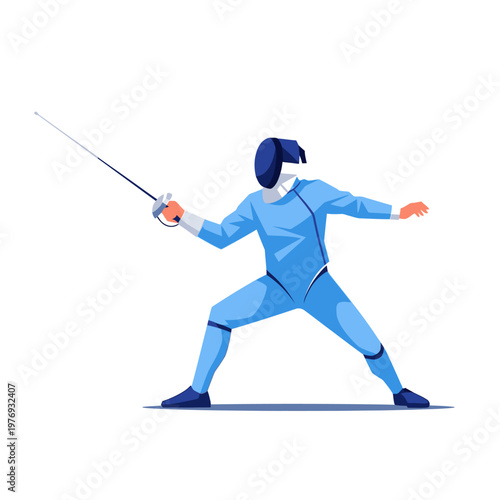 Fencer in Blue Uniform Performing Lunge with Sword, Isolated White Background