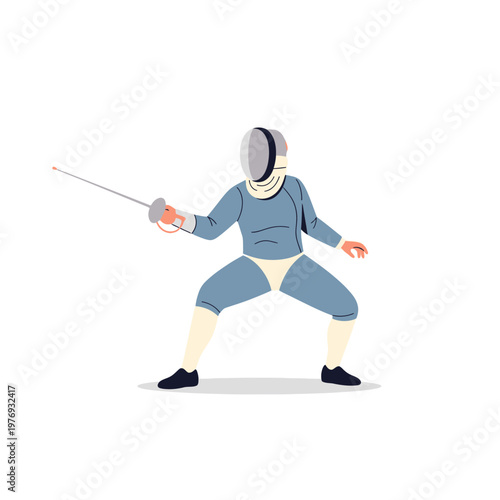Fencer in blue uniform with mask and sword, ready for duel, isolated on white background