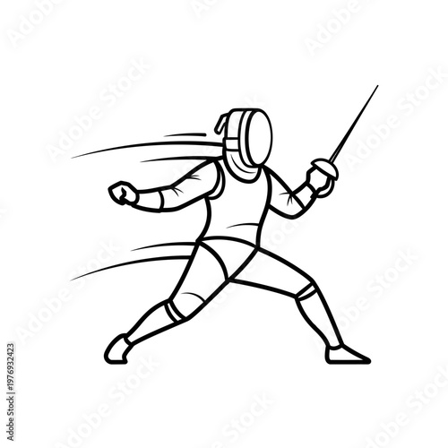 Fencer in motion, dynamic line art illustration of athletic sword fighting.