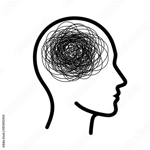 minimalist line art human head with tangled thoughts concept illustration