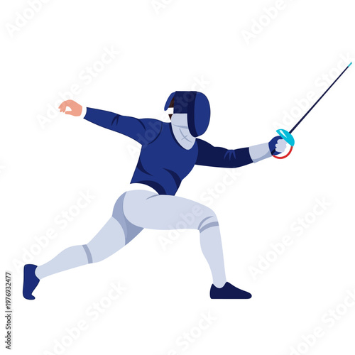 Fencer in motion, lunging with foil sword, athletic sport illustration