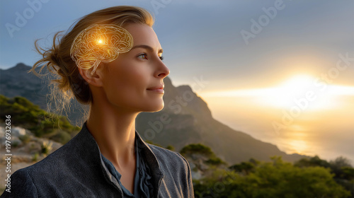 Young woman with a glowing brain illustration overlay against a serene natural landscape at sunset, mental health awareness and emotional well-being concept, with copy space