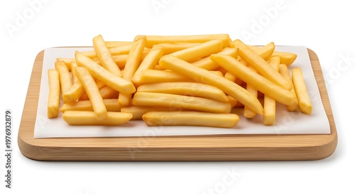 Golden French Fries on Wooden Cutting Board Isolated on White