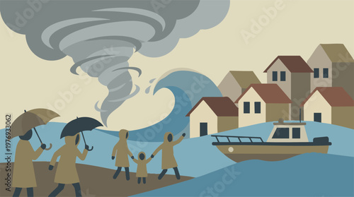 Stylized illustration of people evacuating from a town affected by a tornado and flood wave