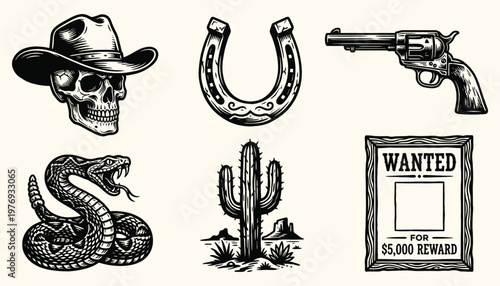 Wild West Vintage Illustrations Set of Cowboy Skull Horseshoe Revolver Rattlesnake Cactus and Wanted Poster