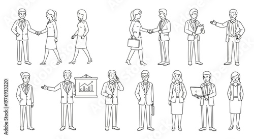 Business professionals in various interactions.