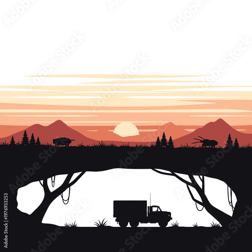 Military convoy, truck, tanks, helicopter, jungle cave entrance, sunset mountains landscape silhouette