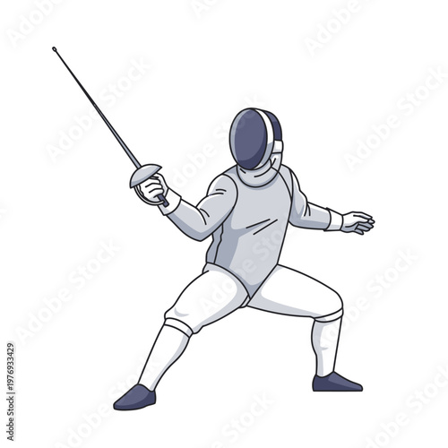 Fencer in uniform attacking pose with foil sword, isolated on white background