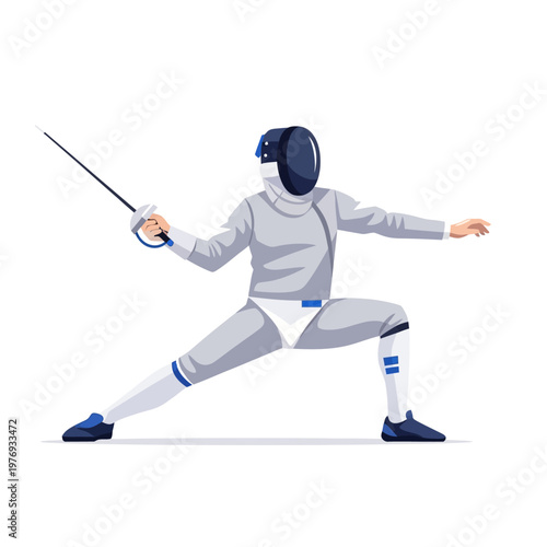 Fencer in uniform lunging with foil sword, athletic sport competition, active lifestyle