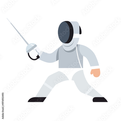Fencer in uniform with sword, isolated on white background, dynamic pose