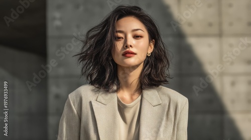 This gorgeous woman's portrait showcases a blend of elegance and modern fashion against a textured backdrop.